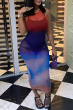 Color Fashion Sexy Gradual Change Print Durchsichtiges ärmelloses Kleid mit O-Ausschnitt