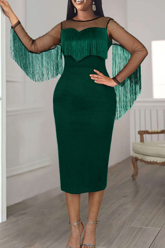 Green Elegant Solid Tassel Split Joint O Neck Evening Dress Dresses