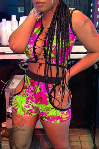 Green Fashion Sexy Print Hollowed Out V Neck Sleeveless Two Pieces