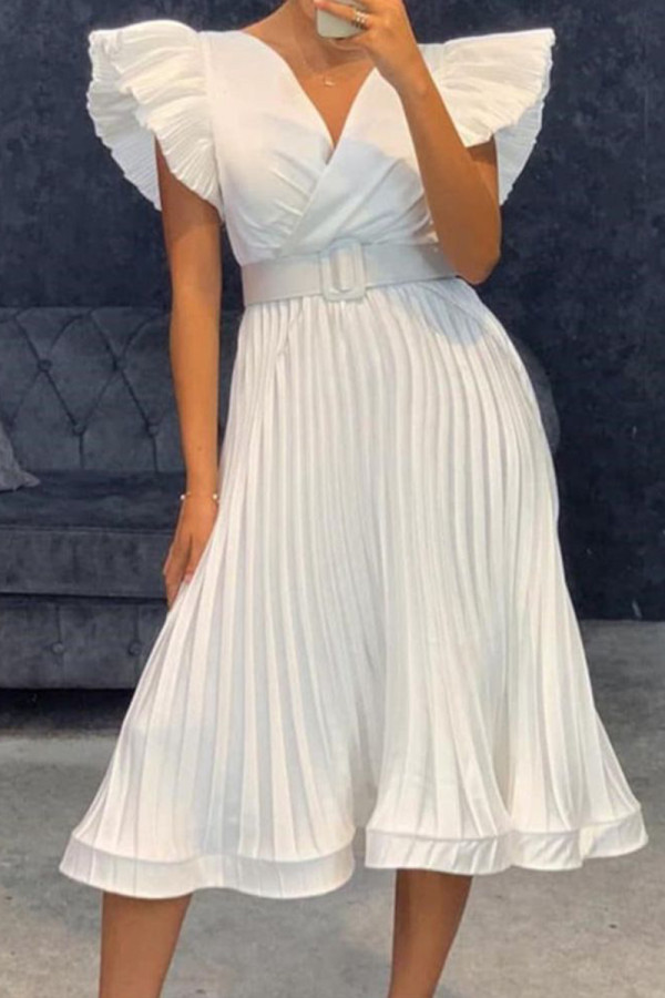 Witte mode casual effen vouw met riem V-hals jurk met korte mouwen jurken