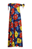 Blauwe sexy bohemien bloemenriem ontwerp off-shoulder maxi-jurken