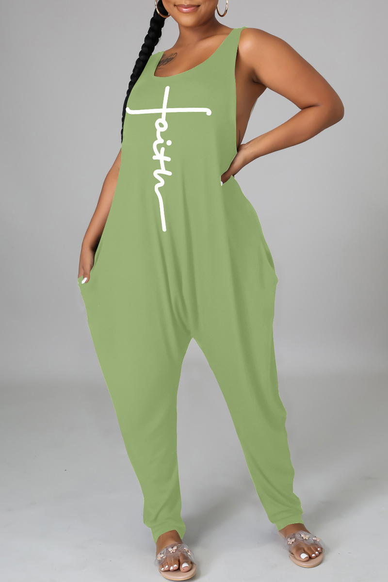 

Green Fashion Casual Print Backless O Neck Regular Jumpsuits