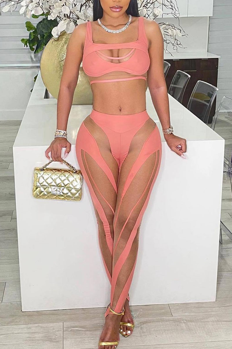 

Pink Sexy Solid Split Joint See-through U Neck Sleeveless Two Pieces