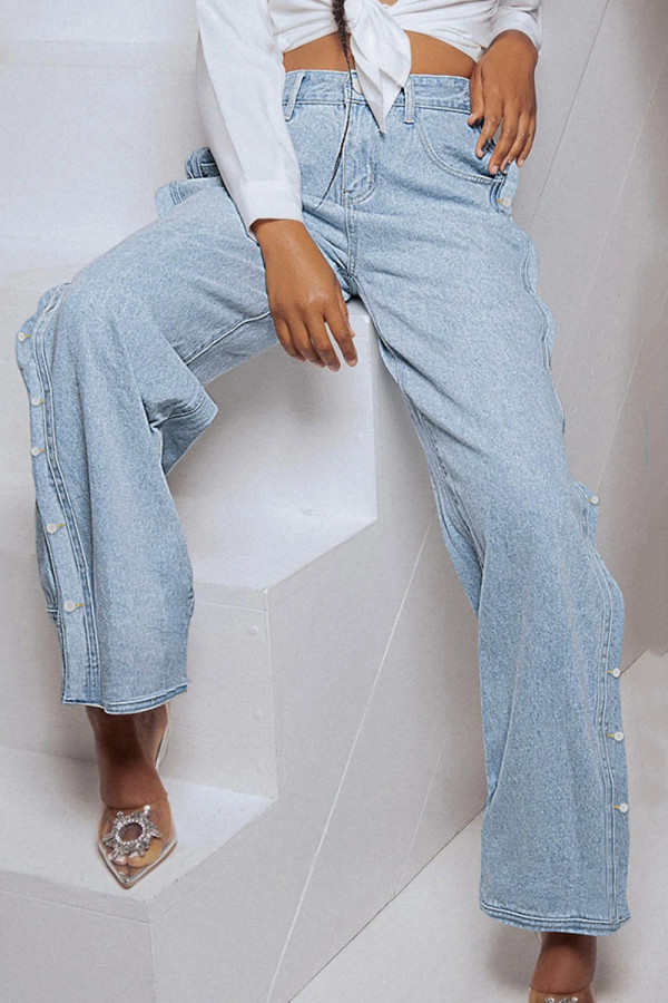 Babyblauwe mode casual effen knopen split hoge taille normale denim jeans