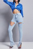 Azul claro moda casual sólido rasgado fenda cintura alta jeans skinny