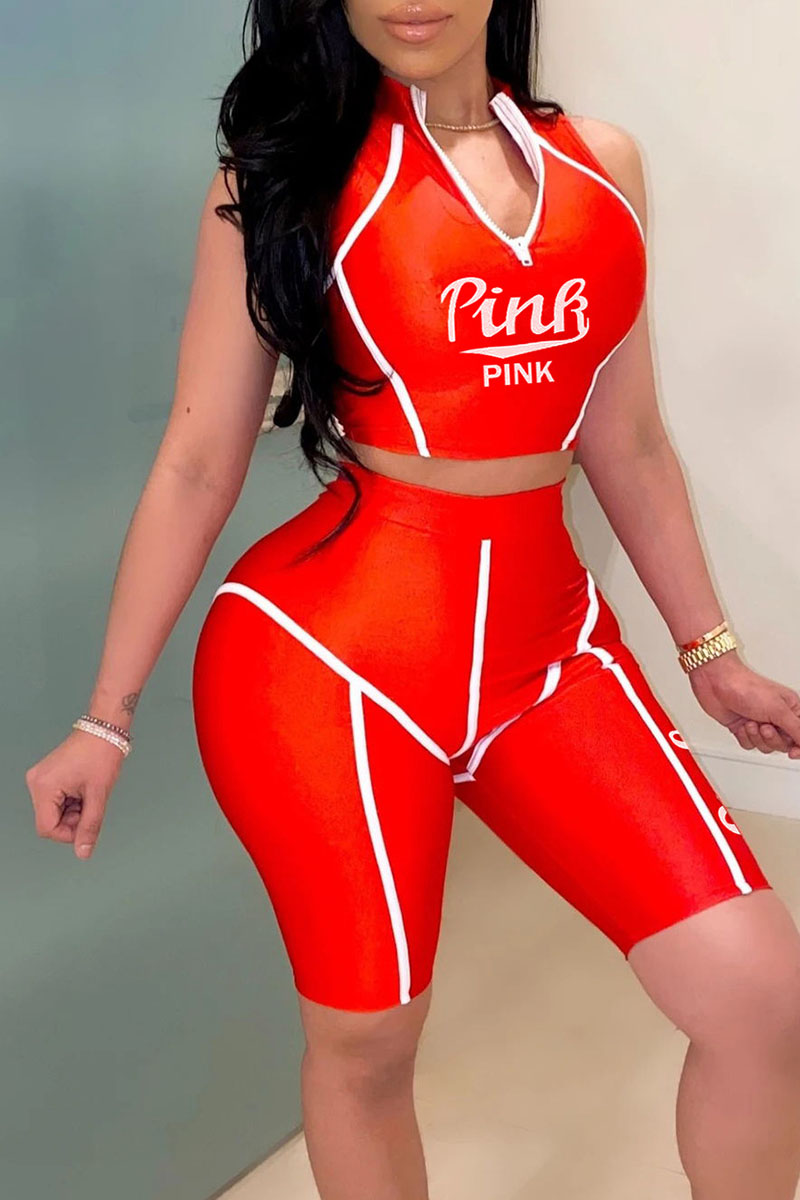 

Red Casual Print Split Joint Zipper Collar Sleeveless Two Pieces