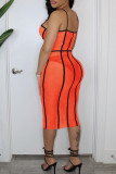 Orange Mode Sexig Solid Patchwork Genomskinlig Backless Spaghetti Strap Ärmlös klänning
