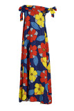 Синий сексуальный богемный дизайн с цветочным ремнем и открытыми плечами Макси-платья