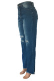 Jeans de mezclilla regular de cintura alta rasgados sólidos informales de moda azul bebé