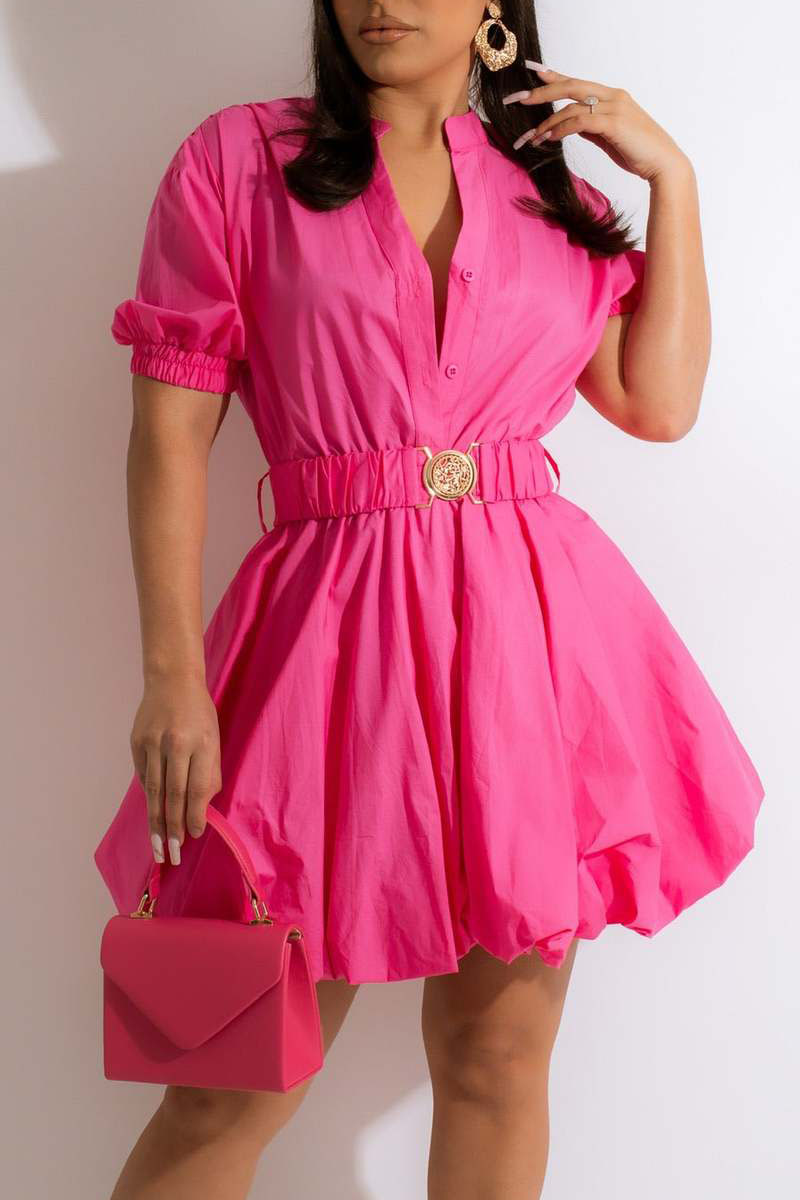

Rose Red Casual Print Split Joint Buckle Mandarin Collar A Line Dresses