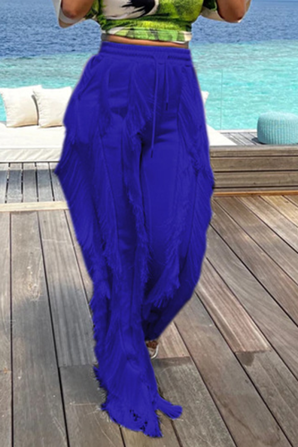 Blue Casual Solid Tassel Loose Mid Waist Wide Leg Solid Color Bottoms
