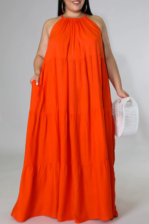 Оранжевое сексуальное повседневное однотонное платье с открытой спиной и круглым вырезом без рукавов Платья больших размеров