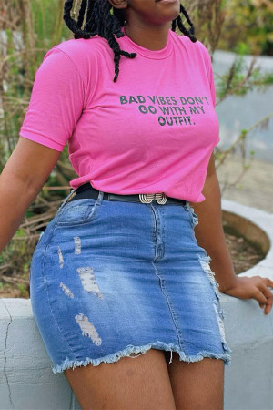 Medium Blue Fashion Casual Solid High Waist Skinny Ripped Denim Mini Skirts (Without Belt)