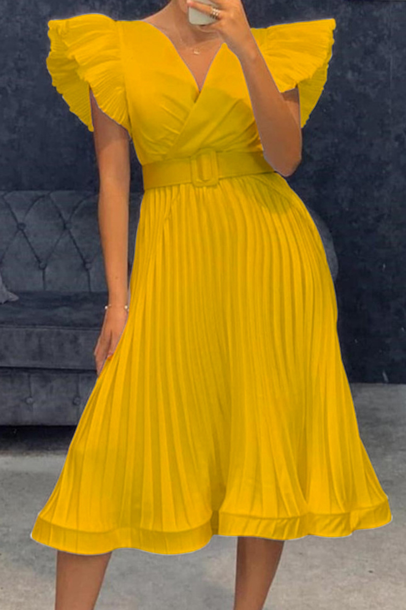 

Yellow Fashion Casual Solid Fold With Belt V Neck Short Sleeve Dress Dresses