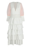 Blanco moda casual patchwork transparente rebordear o cuello pastel falda vestidos