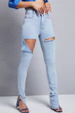 Azul claro moda casual sólido rasgado fenda cintura alta jeans skinny