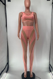 Pink Sexy Solid Patchwork See-through U Neck Sleeveless Two Pieces