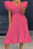 Geel mode casual effen vouw met riem V-hals jurk met korte mouwen jurken