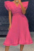 Roze mode casual effen vouw met riem V-hals jurk met korte mouwen jurken