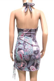 Фиолетовое модное сексуальное платье без рукавов с открытой спиной и принтом