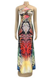 Multicolor Fashion Sexy Print Bandage Backless Halfter Ärmelloses Kleid