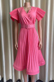 Mode rose décontracté solide pli avec ceinture col en V robe à manches courtes robes