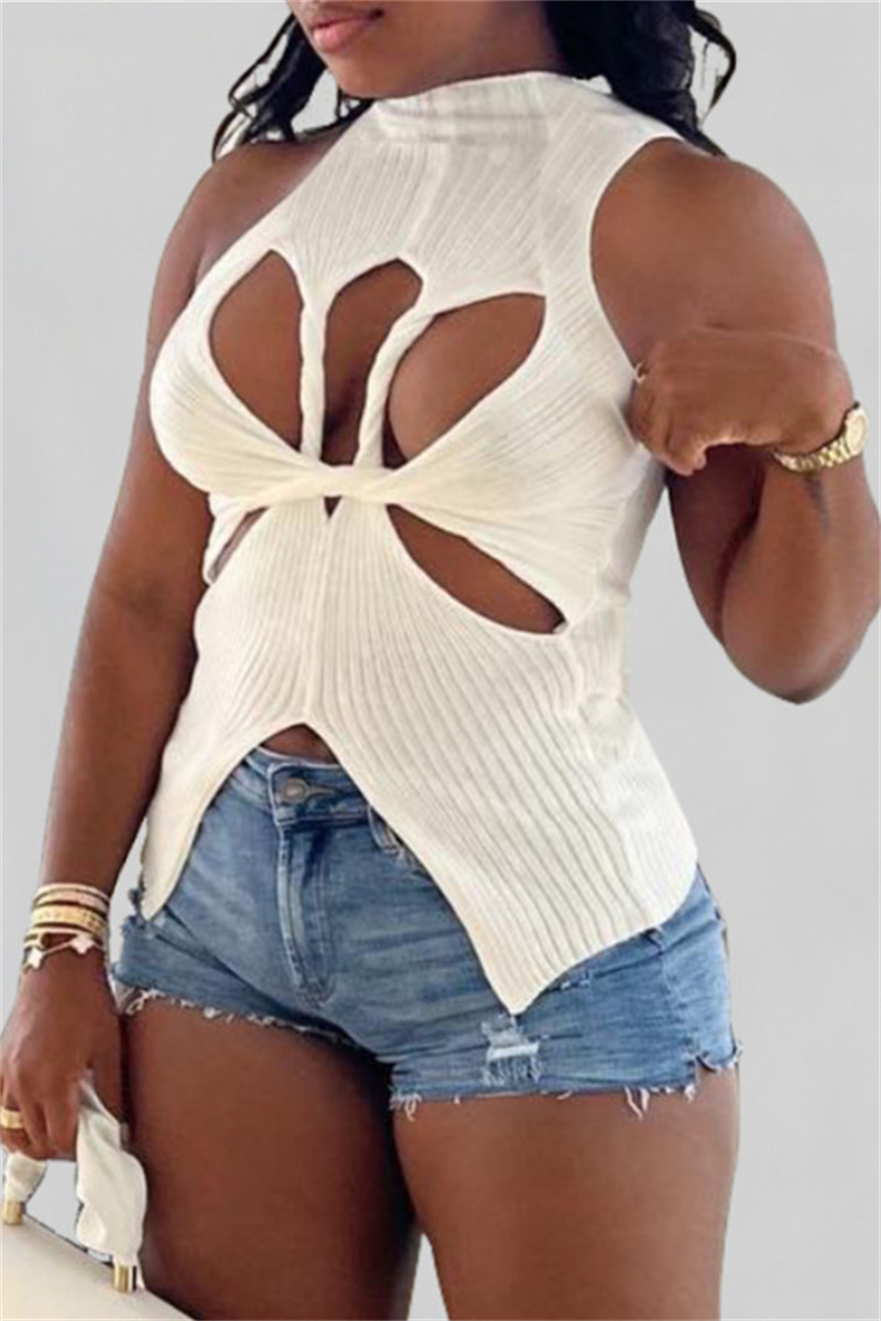 

White Fashion Sexy Solid Hollowed Out Split Joint Asymmetrical Turtleneck Tops