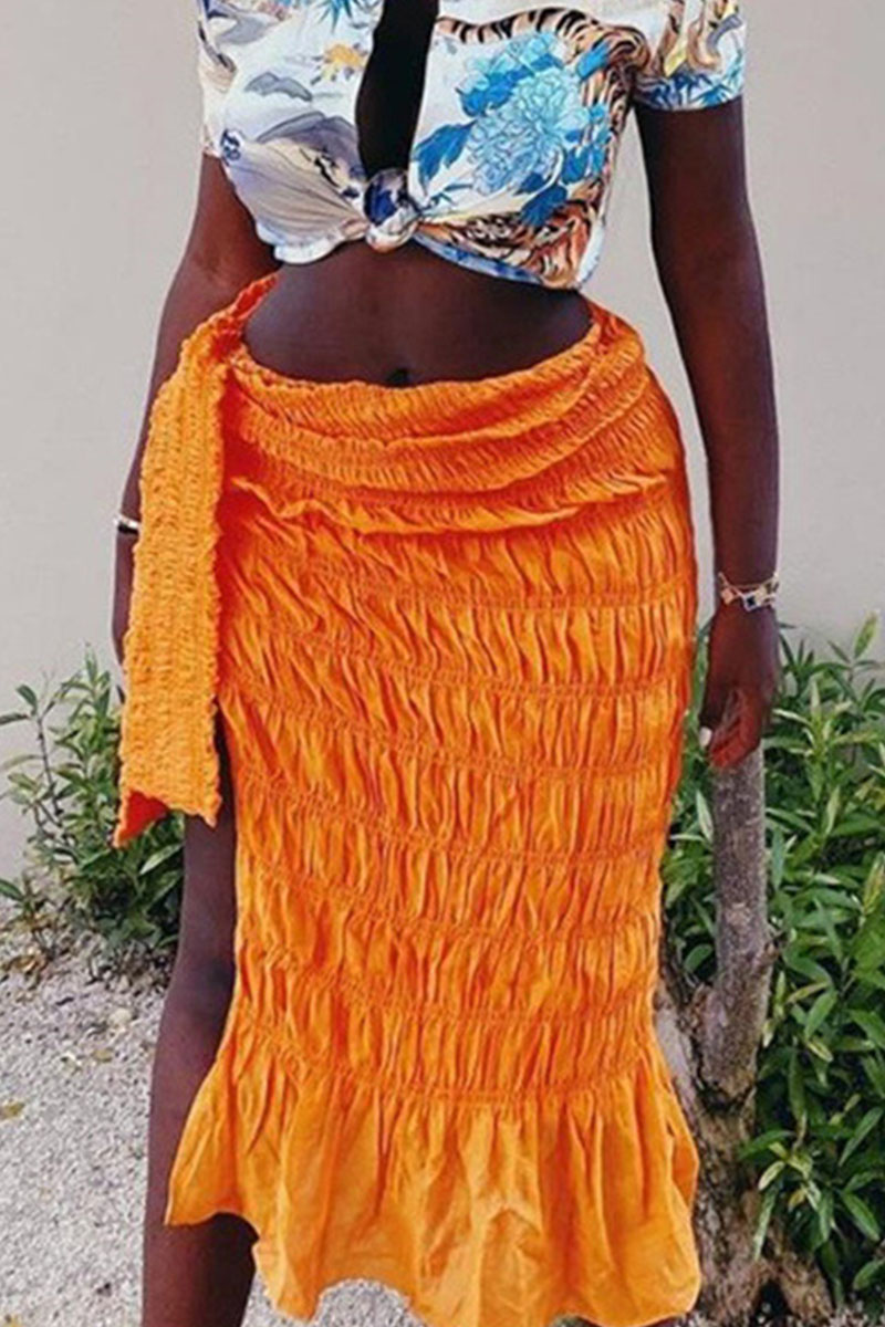 

Orange Casual Solid Split Joint Fold Mid Waist Straight Solid Color Bottoms