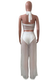 White Sexy Solid Bandage Patchwork See-through Halter Sleeveless Two Pieces