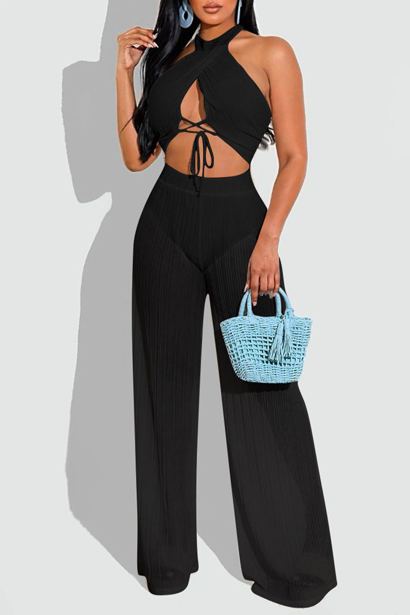 

Black Sexy Solid Bandage Split Joint See-through Halter Sleeveless Two Pieces