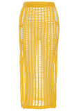 Желтые сексуальные однотонные выдолбленные лоскутные прямые брюки с высокой талией и прямыми лоскутными низами