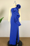 ブルーファッションセクシーなソリッドパッチワーク背中の開いたスリットワンショルダーイブニングドレス