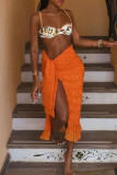 Orangefarbene, lässige, einfarbige, einfarbige Hose mit Patchwork-Falten und mittlerer Taille
