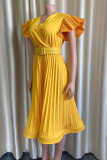 Geel mode casual effen vouw met riem V-hals jurk met korte mouwen jurken