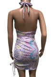 Фиолетовое модное сексуальное платье без рукавов с открытой спиной и принтом