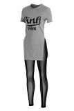Grey Fashion Casual Letter Print See-through Slit O Neck Short Sleeve Two Pieces