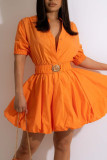Gele casual print patchwork gesp mandarijn kraag A-lijn jurken