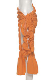Oranje casual effen patchwork vouw midden taille rechte effen kleur broek