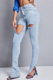 Light Blue Fashion Casual Solid Ripped Slit High Waist Skinny Denim Jeans