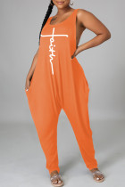 Orange Fashion Casual Print Backless O Neck Regular Jumpsuits