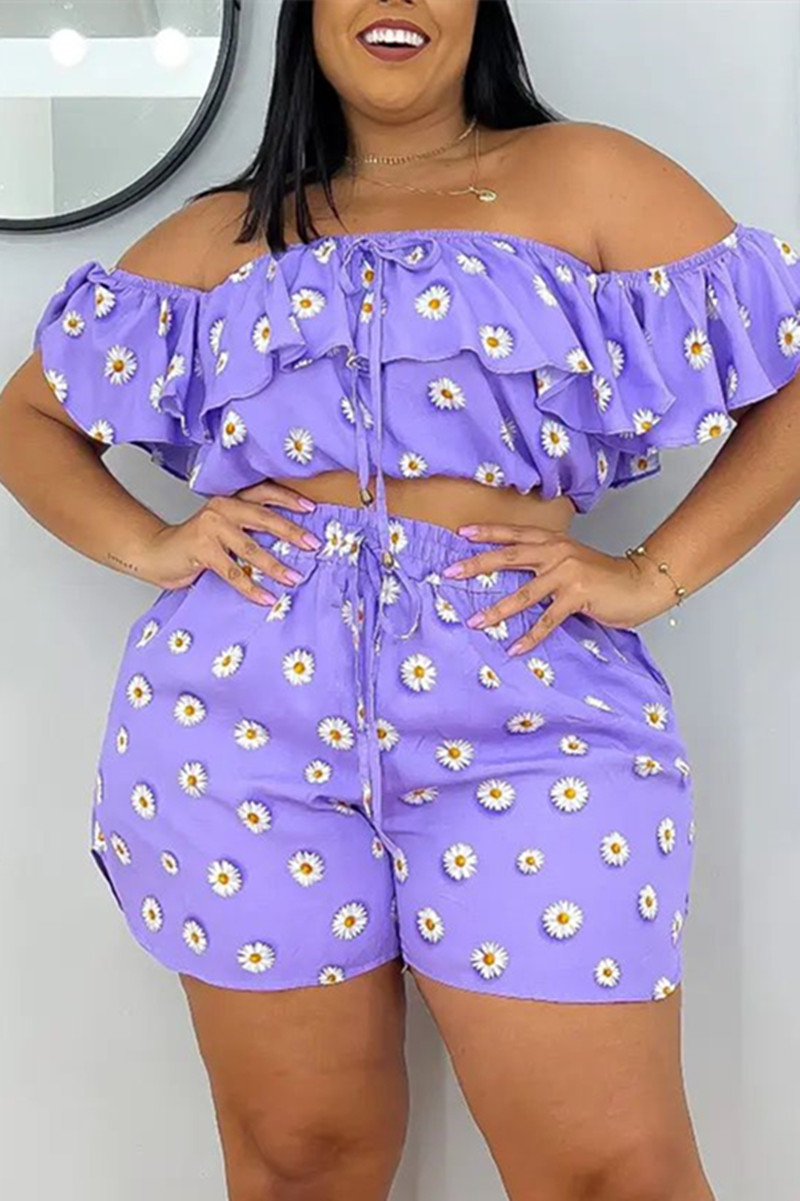 

Purple Fashion Casual Print Backless Off the Shoulder Plus Size Two Pieces