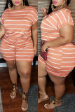 Orange Fashion Casual Striped Print Basic O Neck Plus Size Jumpsuits
