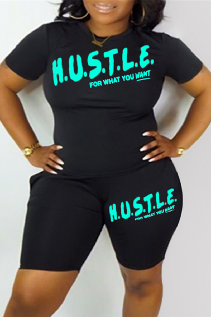 

Black Green Fashion Casual Letter Print Basic O Neck Plus Size Two Pieces