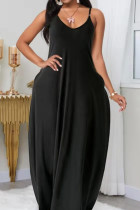 Zwarte mode casual grote maat effen basic spaghetti band lange jurk