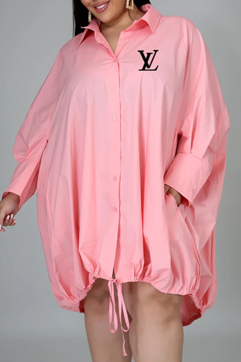 

Pink Fashion Casual Print Letter Turndown Collar Shirt Dress Dresses