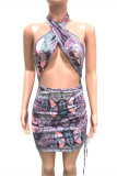 Light Blue Fashion Sexy Print Hollowed Out Backless Halter Sleeveless Dress