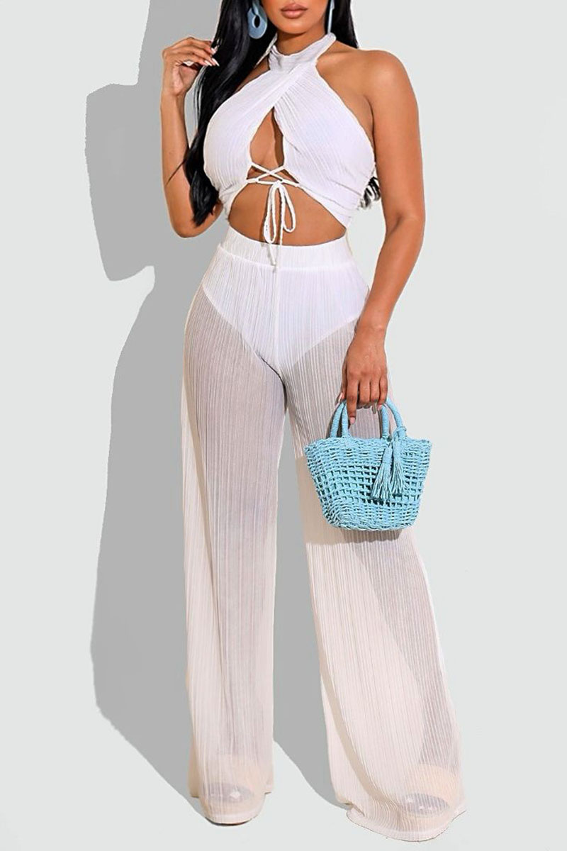 

White Sexy Solid Bandage Split Joint See-through Halter Sleeveless Two Pieces