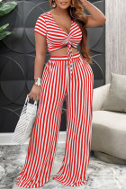 Red Sexy Striped Print Bandage Patchwork V Neck Short Sleeve Two Pieces