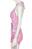 Roze mode sexy print uitgeholde backless halter mouwloze jurk