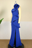Blue Fashion Sexy Solid Patchwork Backless Slit One Shoulder Evening Dress